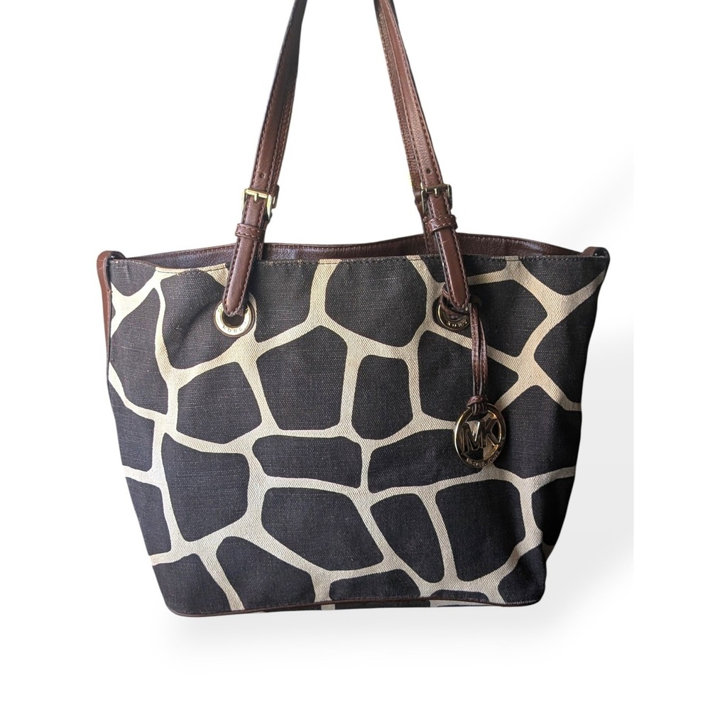 Michael Kors Tote Bag Women's Brown Giraffe Animal Print Canvas Leather Purse